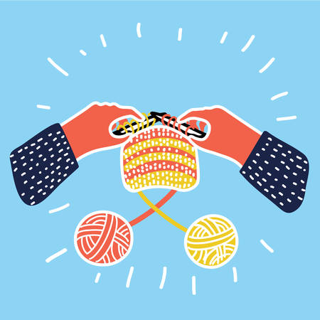 Knitting icon hands hold needles vector illustration. Colored isolated symbol icon template, element for business card or workshop announcement, workshop, lesson.のイラスト素材