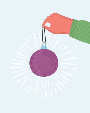 Vector cartoon funny illustration of human hand hold Christmas ball. Isolated object on white background.のイラスト素材