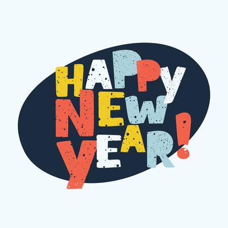 Vector cartoon hand drawn colorful lettering Happy New Year. Holiday Vector Illustration on white background. Grunge texture for logo, banners, labels, postcards, posters, web and prints.のイラスト素材