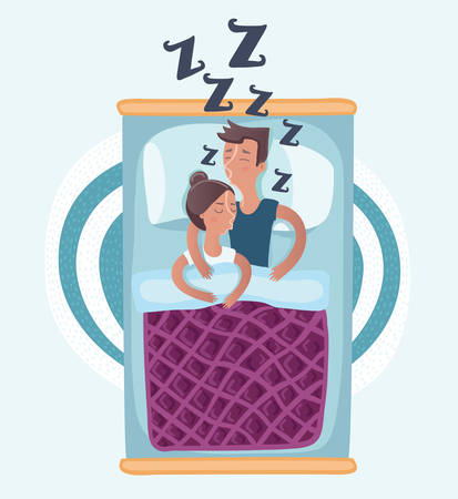 Vector cartoon illustration of couple sleeping hugging in bed top view vector illustrationのイラスト素材