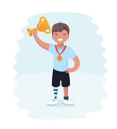Vector cartoon illustration o f Little boy on prosthes. Young winner boy disabled athlete on a white background.のイラスト素材