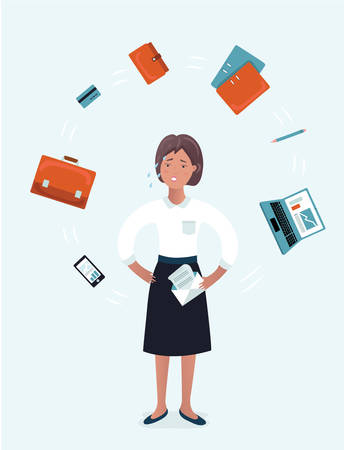 Vector cartoon illustration of Stressed Businesswoman with Laptop at Multi Tasking Office Work. Woman juggler with office supplies, stuff and equipmentのイラスト素材