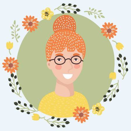 Vector illustration of cartoon young woman face icon. Pretty intelligent redhead girl on glasses. Female avatar portrait decorated with flowersのイラスト素材