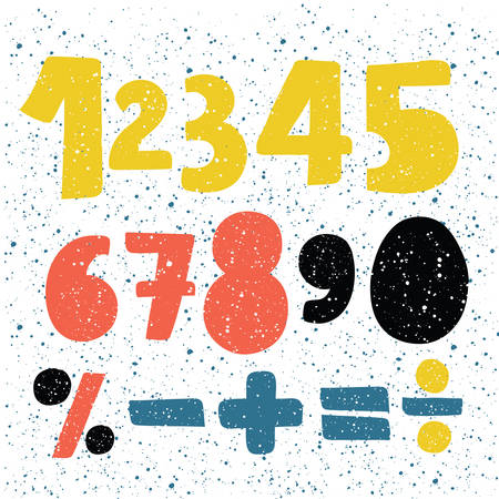 Vetor cartoon set of hand written drawn numbers. Different sights lettering, numbers and punctuation marks, grunge font style. Division, exclamation point, multiplication, percent, equals, minusのイラスト素材