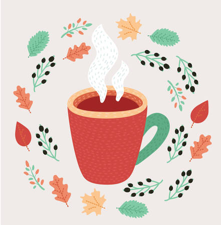 Vector cartoon illustration of Tea in autumn mood. Delicious hot drink decorated by falling leaves around. Print for inscription for greeting invitation card or print, poster designのイラスト素材