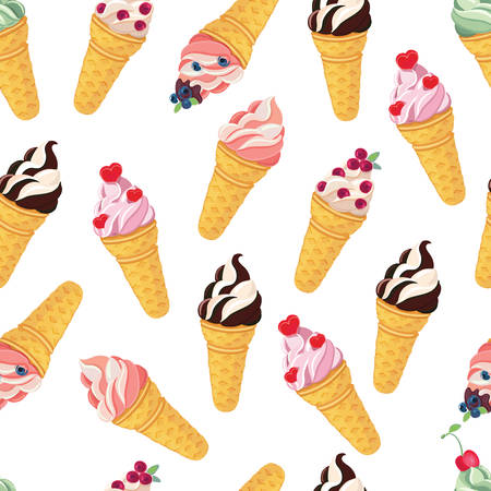 Vector cartoon ice-cream cone seamless pattern. Background on whiteのイラスト素材
