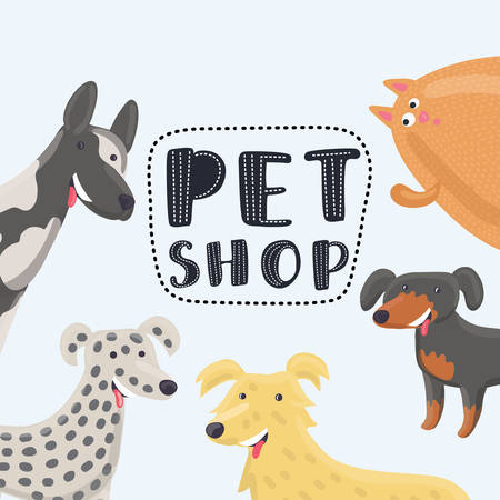 Vector cartoon funny illustration of design template for pet shops, veterinary clinics and animal shelters homeless. Vector icon template with cat and dog.のイラスト素材
