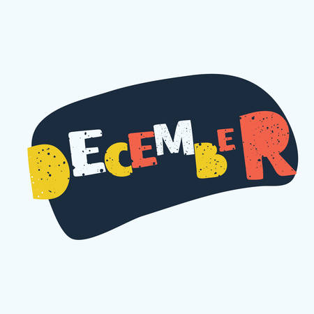 Vector cartoon illustration of hand drawn typography lettering word December isolated on the white background. Print for inscription for winter greeting invitation card or print, poster designのイラスト素材