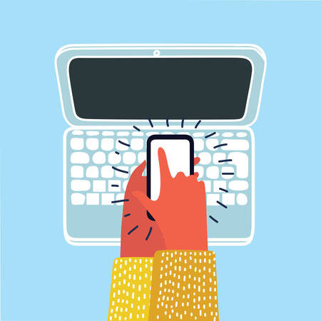 Vector cartoon illustration of human hand holding phone and laptop world news site on the screen in the office. Top view workplace in modern styleのイラスト素材