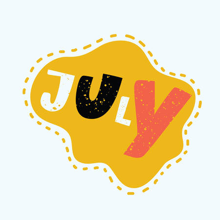 A Vector cartoon illustration of hand drawn typography lettering word July isolated on the white background. Print for inscription for winter greeting invitation card or print, poster designのイラスト素材