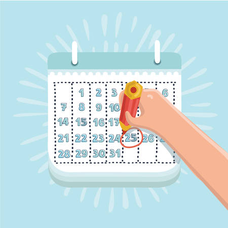 Vector cartoon funny illustration of hand with pencil mark calendarのイラスト素材