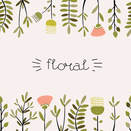 Vector catoon banner decorated by hand drawn funny plant. Green nature leaves vector background. top and bottom seamless pattern.のイラスト素材