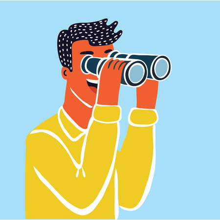 Vector funny cartoon funny colorful Businessman character looking through spy-glass.のイラスト素材