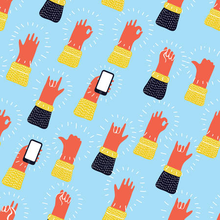 Funny cartoon colorful seamless pattern with hands showing different kind of gesture signs. Hand drawn background for your design.のイラスト素材