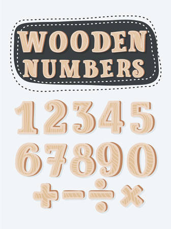 Vector cartoon set of wooden numbers and sights. Vector cartoon Funny colorful numbers set on black background in different colors. Division, exclamation point, multiplication, percent, equals, minus in white background+のイラスト素材