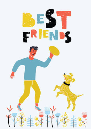 Vector funny illustariton of happy man play with his dog in park. Hand drawn lettering Best Friends on white background+のイラスト素材