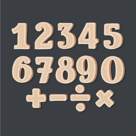 Vector cartoon illustration of wooden numbers and math equation symbols on black background.のイラスト素材