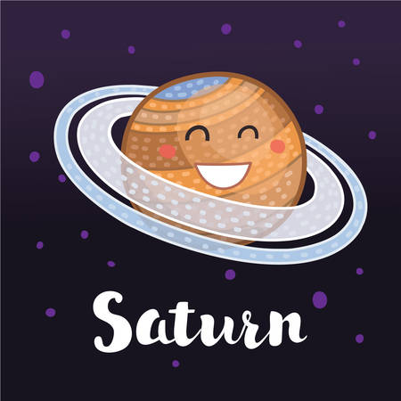 Vector cartoon funny illustration of planet Saturn with smiling face in retro flat cartoon style on space dark star sky background. Poster for children room, education. Hand drawn lettering nameのイラスト素材