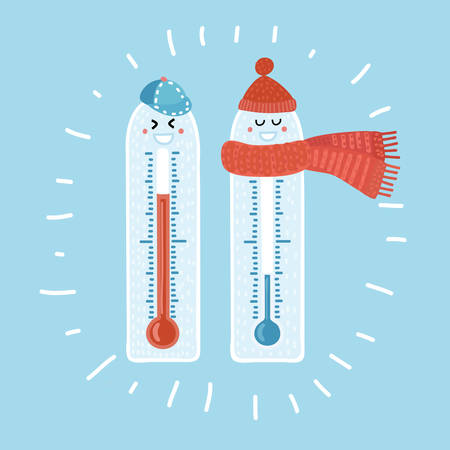 Vector cartoon illustration of cold hot cartoon thermometer with funny smiling faces. Warm hat and scarf and cap. Isolated colorful conceptのイラスト素材