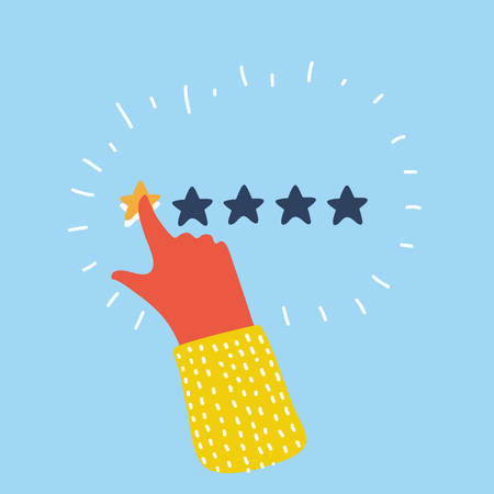 Vector cartoon illustration of customer review concept. Rating golden stars. Feedback, reputation and quality concept. Hand pointing, finger push to one star rating. Bad rate, negative expirienceのイラスト素材