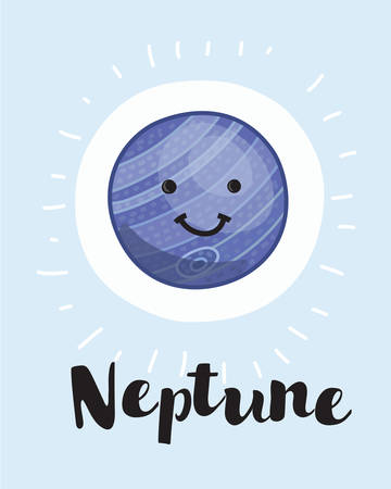 Vector cartoon illustration of Cute cartoon Neptune with cute face character on isolated background. Solar system. Gas giant. Hand drawn lettering.のイラスト素材