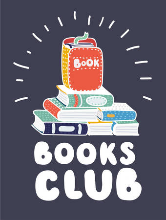 Vector cartoon illustration of Books pile freehand drawin. Modern clorful outline concept on dark background.のイラスト素材
