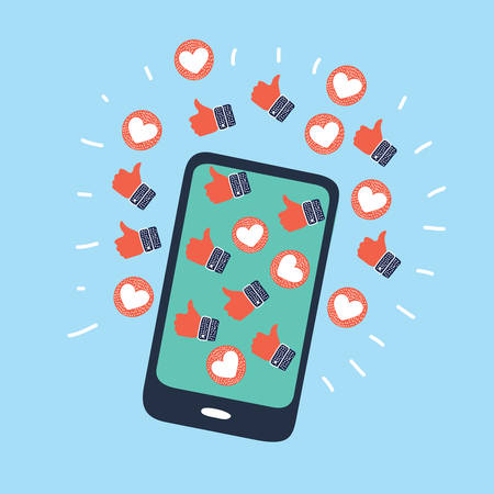 Vector cartoon illustration of mobile phone with social network feedback emoticons : thumbs up, love (like), online communication, blogging, article feedback concepts.のイラスト素材
