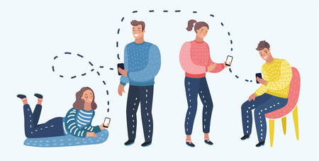 Vector cartoon illustration of Students or working Group With Smart Cell Phone Social Network Communication.のイラスト素材