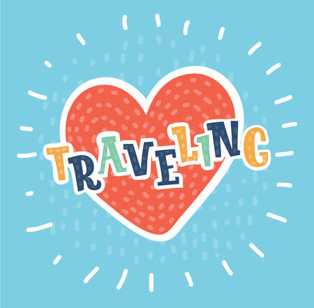 Vector cartoon illustration of Love Traveling pin. Colorful declaration of love to travel concept. Heart shape with lettering.のイラスト素材