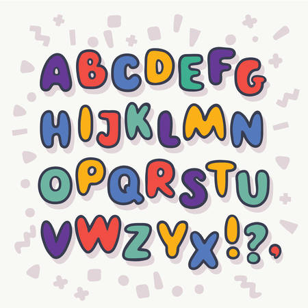 Vector cartoon funny bubble alphabet, Letters A-Z. Cute outline childish kids ABC in different bright, color on wite background. Freehand typefaceのイラスト素材