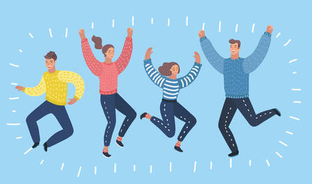 Four happy characters, women and men, jumping in excitement. Happy, cheerful cartoon style laughing...