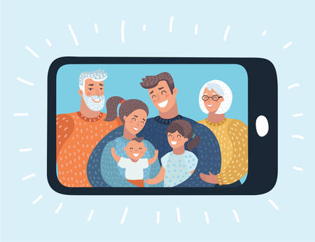 Vector cartoon illustration of Photo gallery on mobile phone, photo album on smartphone phototypography of family on cellphone, video call or chat. Three generation pic of relatives.のイラスト素材