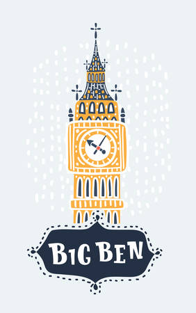 Vector cartoon illustration of of Big Ben tower. Hand drawn lettering name. Object on white background.のイラスト素材