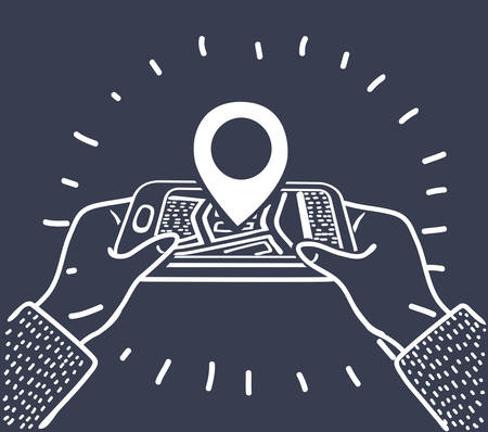 Vector cartoon illustration of GPS navigation system app on mobile phone in human hand. Map and pin on the smartphone display. Tracking, Geo-positioning. Black and white outline modern concept.のイラスト素材