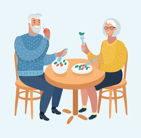 Vector cartoon illustration of an elderly couple eating at a fine dining restaurant or cafe. Human characters on blue background.のイラスト素材