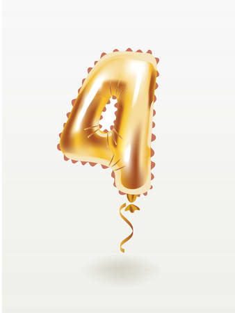 Vector cartoon illustration of Golden 4 number four metallic balloon. Party decoration golden balloons. Anniversary sign for happy holiday, celebration, birthday, carnival, new year.のイラスト素材