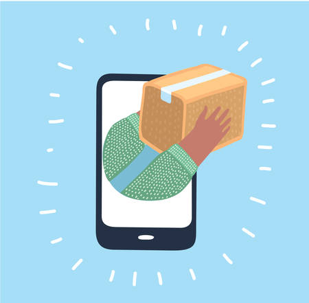 Vector cartoon illustration of Fast Goods Delivery Concept. Hands and Parcels Appeared From Smartphone or Tablet.のイラスト素材