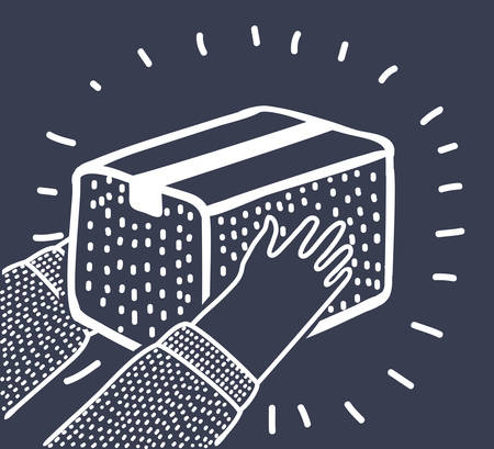 Vector cartoon illustration of human hands delivering package box. Outline delivery modern concept in black and white colors on dark background.のイラスト素材