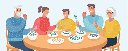 Vector cartoon illustration of Smiling big family having dinner in kitchen. Three generation at the table. Grandparents, Parents, Son, grandson. Human characters on white background close view.のイラスト素材