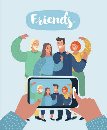 Vector cartoon illustration of Group of three friends taking a photo and laughing. Friendship and youth concept.のイラスト素材