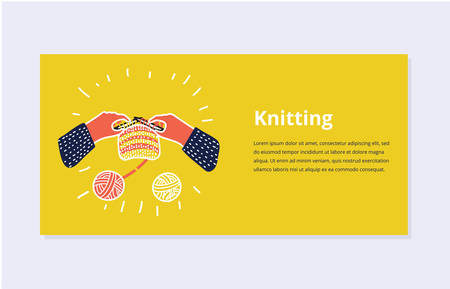 Vector cartoon illustration of Simple illustration with knitting needle, human hands. Banner template concept design. Colorful background.のイラスト素材