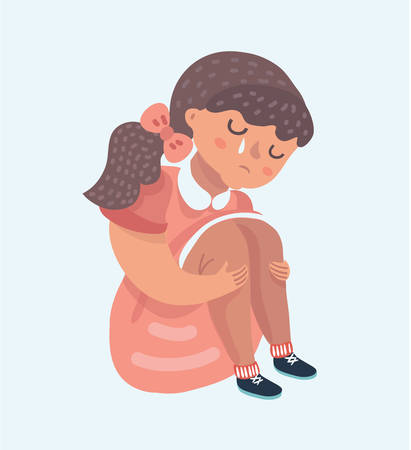 Vector cartoon illustration of little sad girl in pink sitting alone and cry. Tear on her face.のイラスト素材