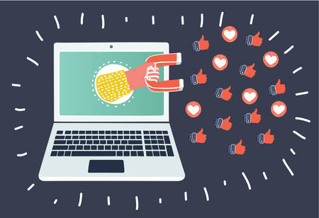 Vector cartoon illustation of concept of attracting followers, customers and clients to business. Hand apear ftomm laptop screen, holding magnet on dark background.のイラスト素材