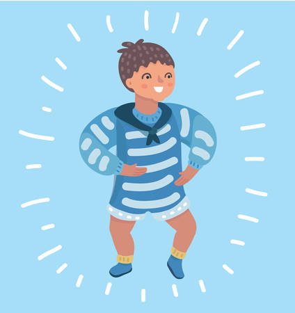 Vector cartoon illustration of cute little baby boy trying to step on blue background.のイラスト素材
