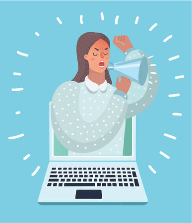 Vector cartoon illustration of woman appears from laptop computer with a megaphone.のイラスト素材