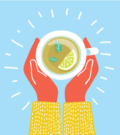 Top view of cup of tea. Brewed herbal tea with lemon. Guy or girl warming hands touching a hot cup of tea. Time relax. Vector cartoon illustration in modern conceptのイラスト素材