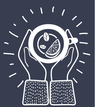 Vector cartoon illustration of Green black herbal tea plant, leaf hot drink with lemon. Top view hand with cup. Drawn outline sketch. Floral branch organic lineart. African, indian, chinese herb.のイラスト素材