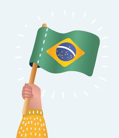Vectro cartoon illustration of human hand holding and raising the national flag of Brazil on white background.のイラスト素材