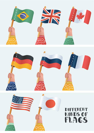 Set of national flags. Human hand holding flag of different countries. Vector cartoon illustration in modern conceptのイラスト素材