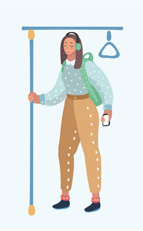 Woman Listening Music On Phone Riding In Bus or another transport. Stylish Smiling Girl Listening Music In Headphones, Using Smartphone While Riding In Public Transport. Vector cartoon illustration in modern conceptのイラスト素材